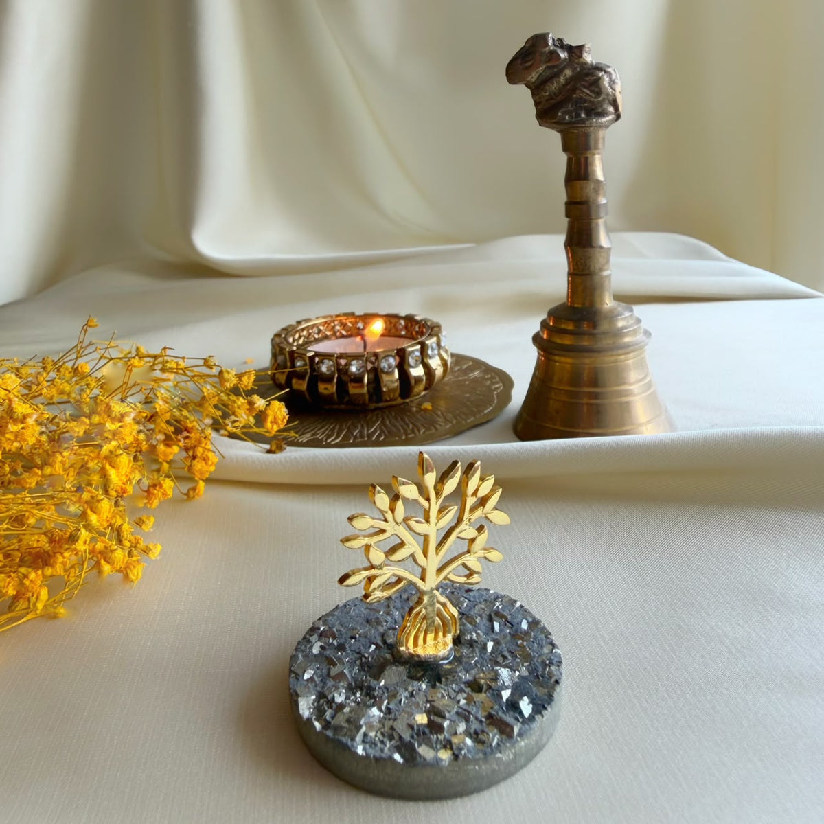 Tree of Life in 22k gold-plated brass on natural pyrite gemstone base, handcrafted by Amaltaas
