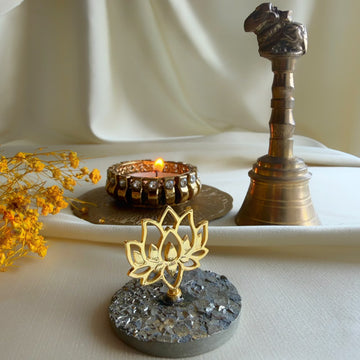 Prosperity Lotus in 22k gold-plated brass on natural pyrite gemstone base, handcrafted by Amaltaas