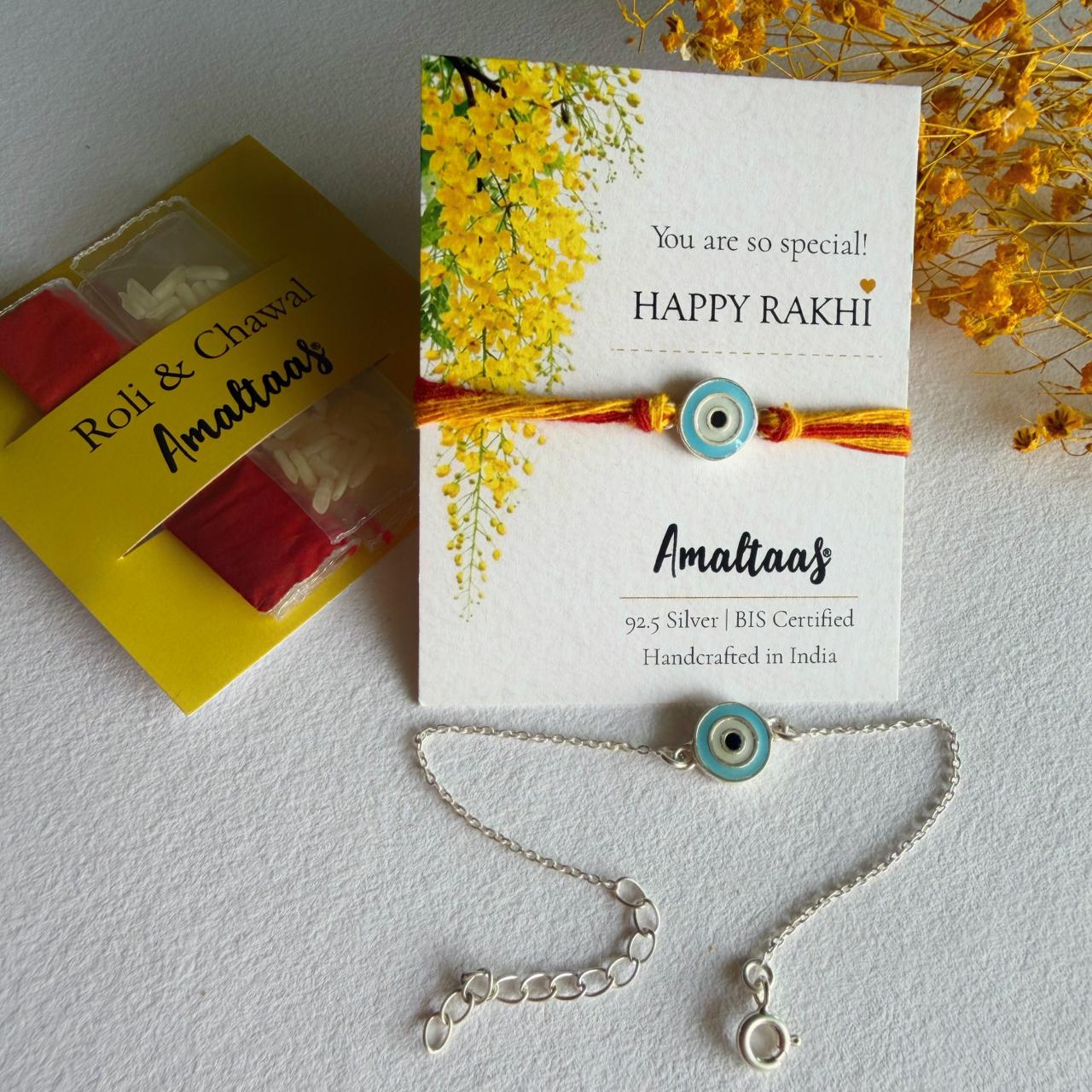 COMBO RAKHI-Nazar Enamel EvilEye 92.5 Silver Rakhi for Bhai & Bhabhi