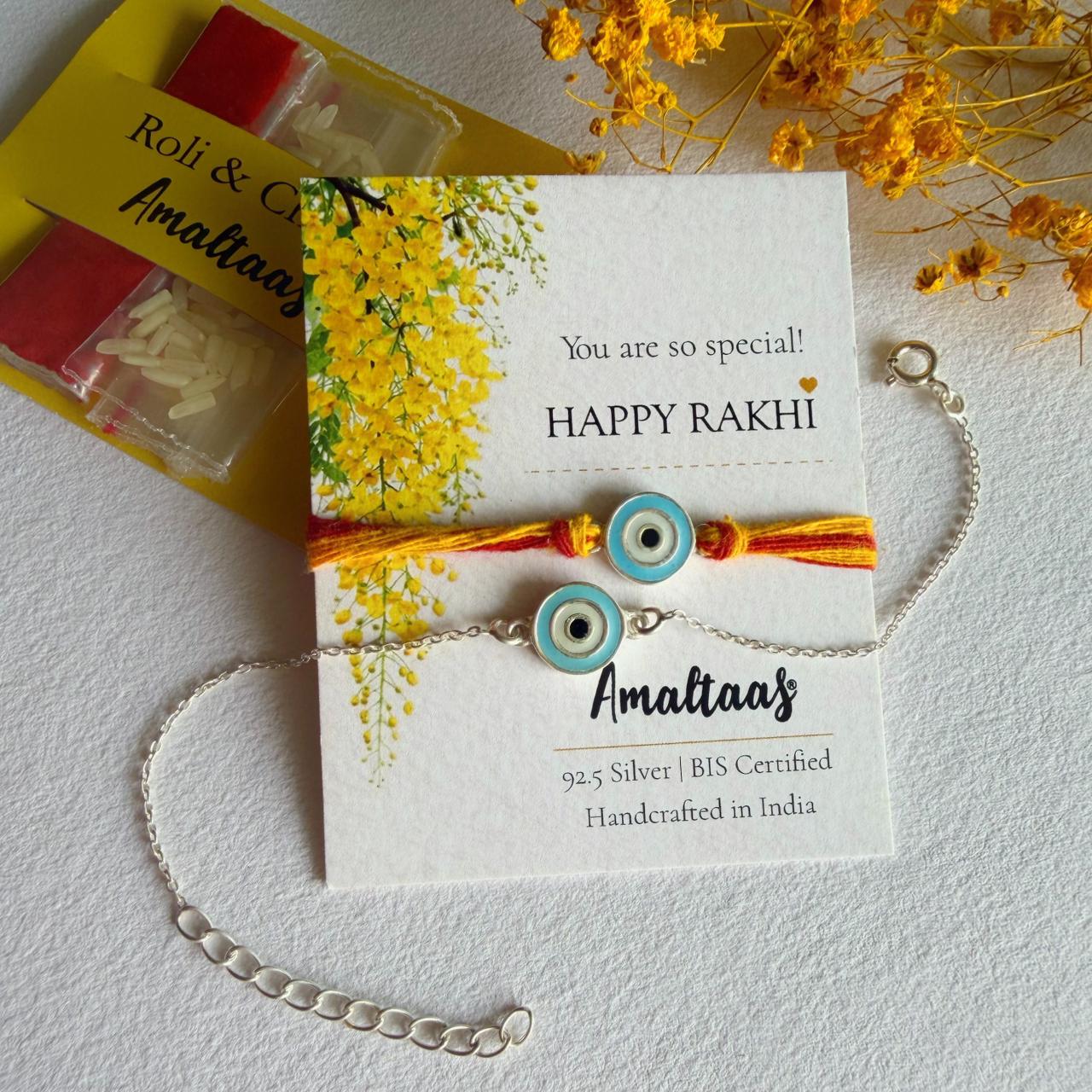 COMBO RAKHI-Nazar Enamel EvilEye 92.5 Silver Rakhi for Bhai & Bhabhi