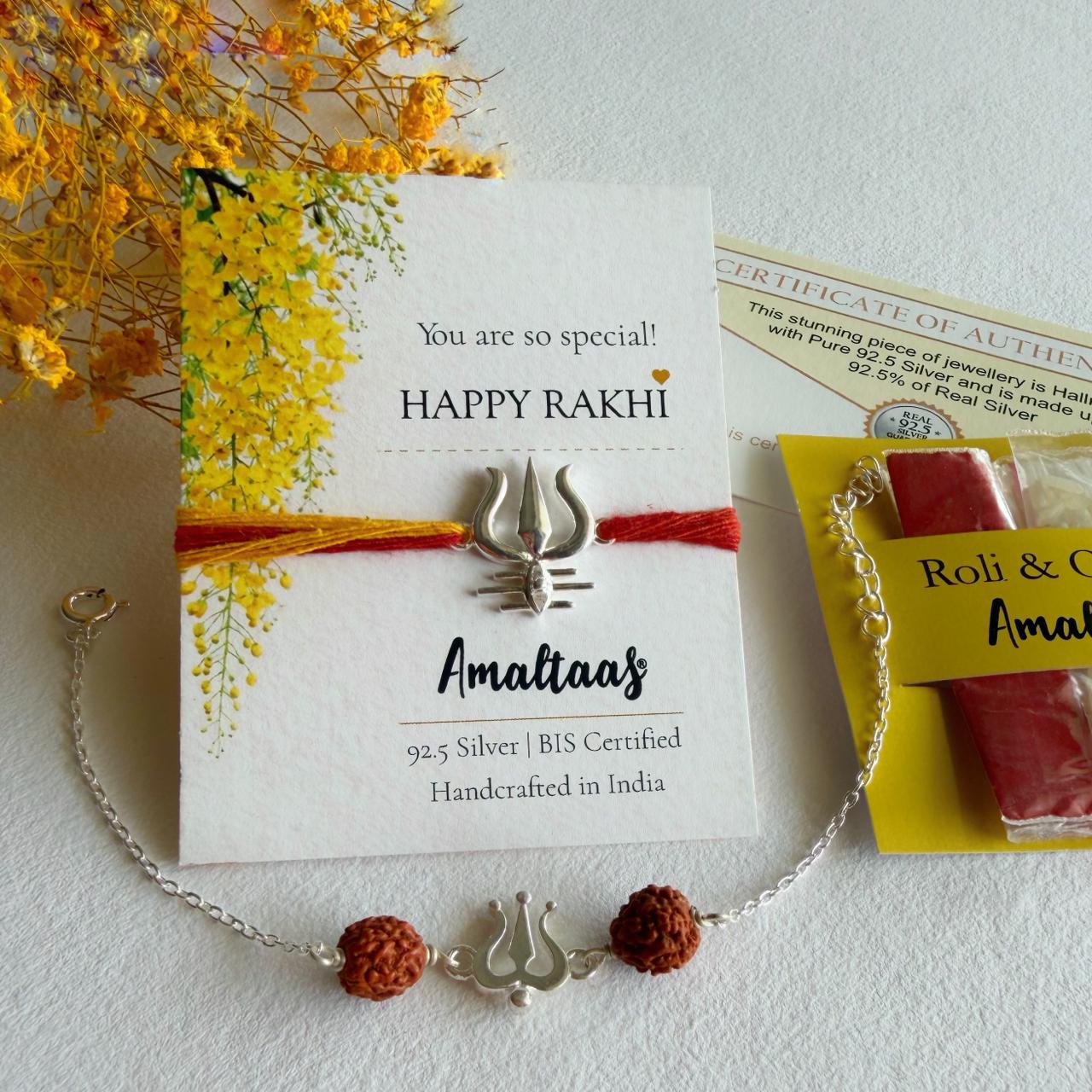 COMBO RAKHI - Mahadev's Trishul 92.5 Silver Rakhi For Bhai & Bhabhi