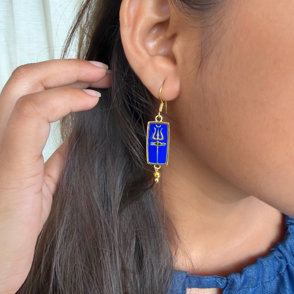 Neelkanth Blessings Earrings with Mahadev Trishul and Third Eye in deep blue enamel and gold, Amaltaas