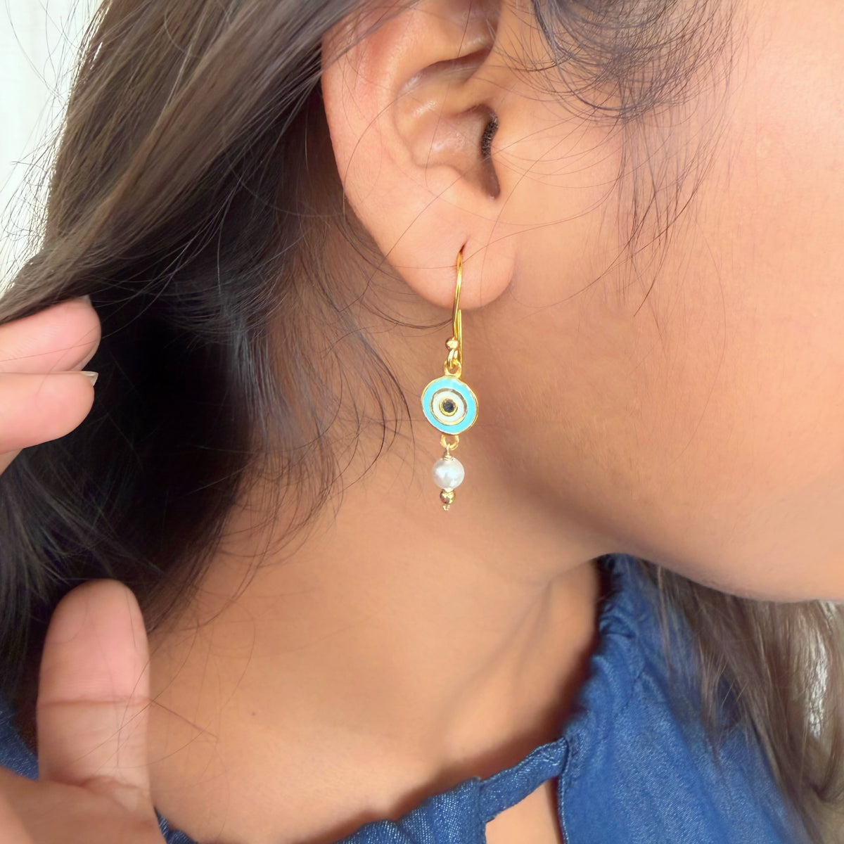 Nazar Pearl Drop Earrings, blue evil eye motif in 22k gold-plated brass with a pearl drop, Amaltaas