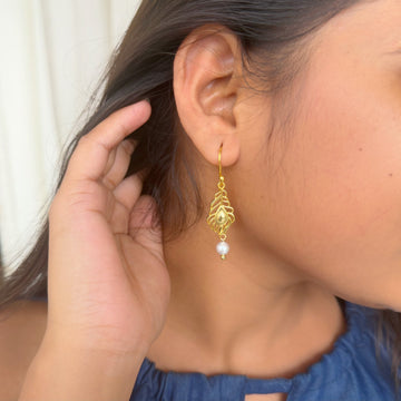 Morpankh Pearl Dangler Earrings, peacock feather motif in 22k gold-plated brass with a pearl drop, Amaltaas