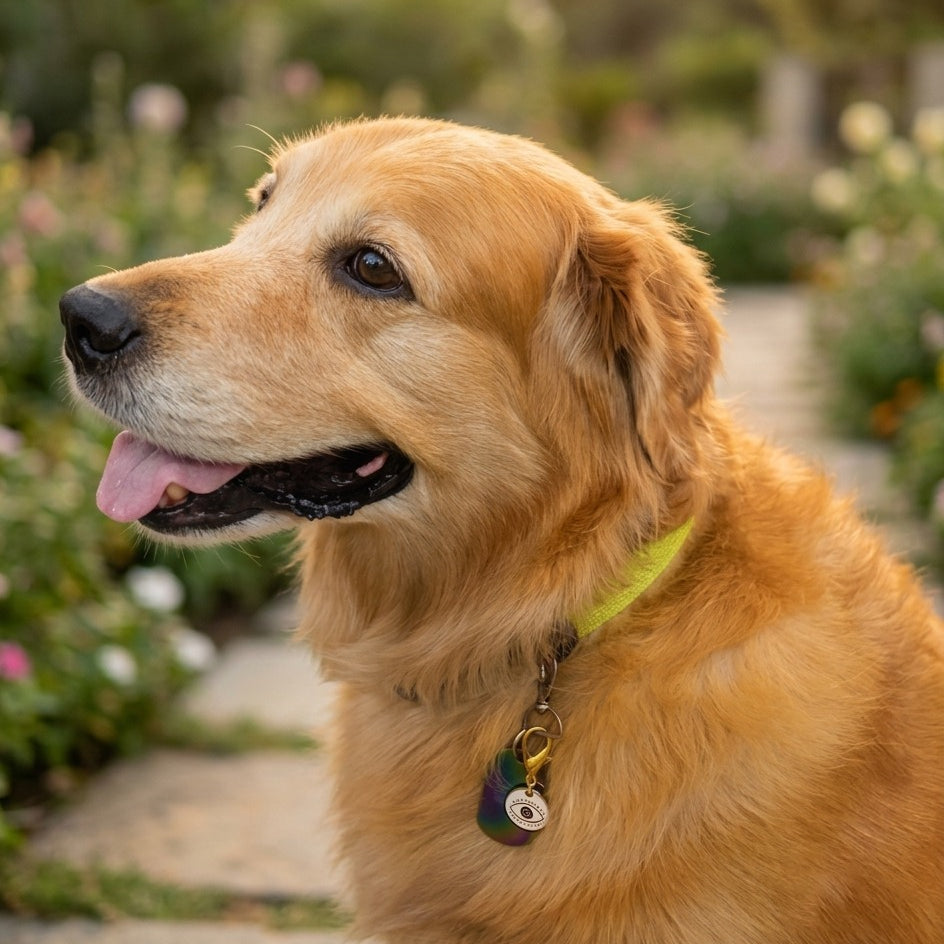Golden retriever wearing the Amaltaas White Medallion Nazar Pet Charm on its collar