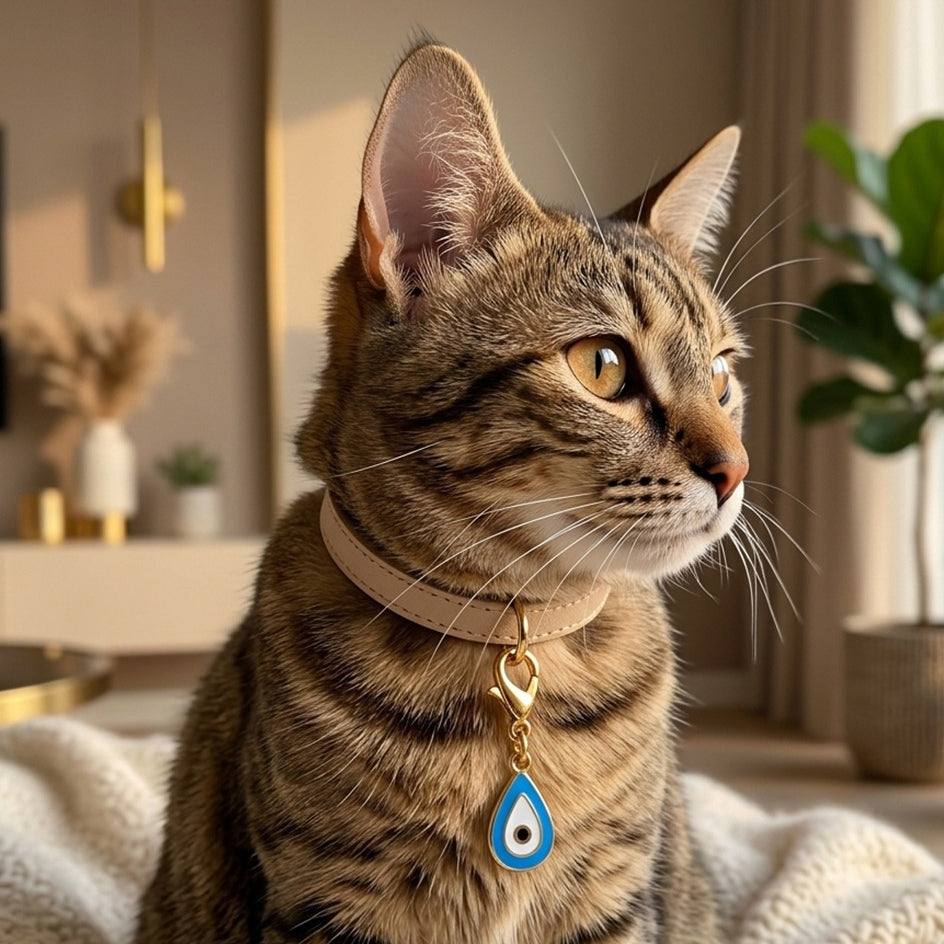 Tabby cat wearing the Amaltaas Raindrop Nazar Pet Charm on its collar