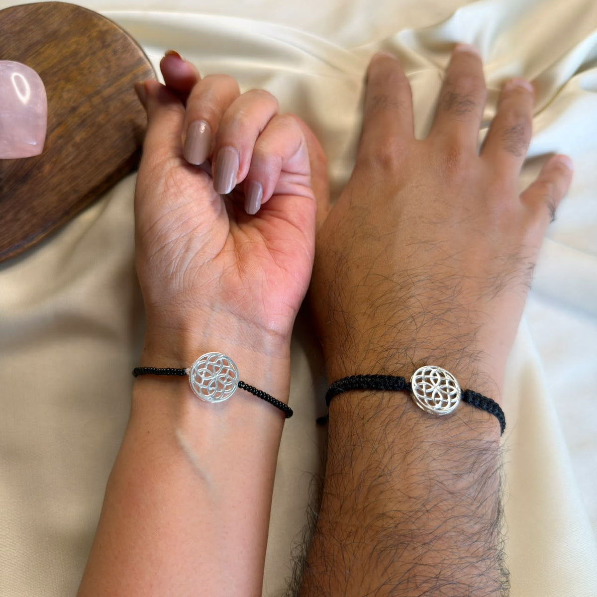 Couple Celtic Knot 92.5 silver bracelets, men's black thread and women's black onyx, Amaltaas