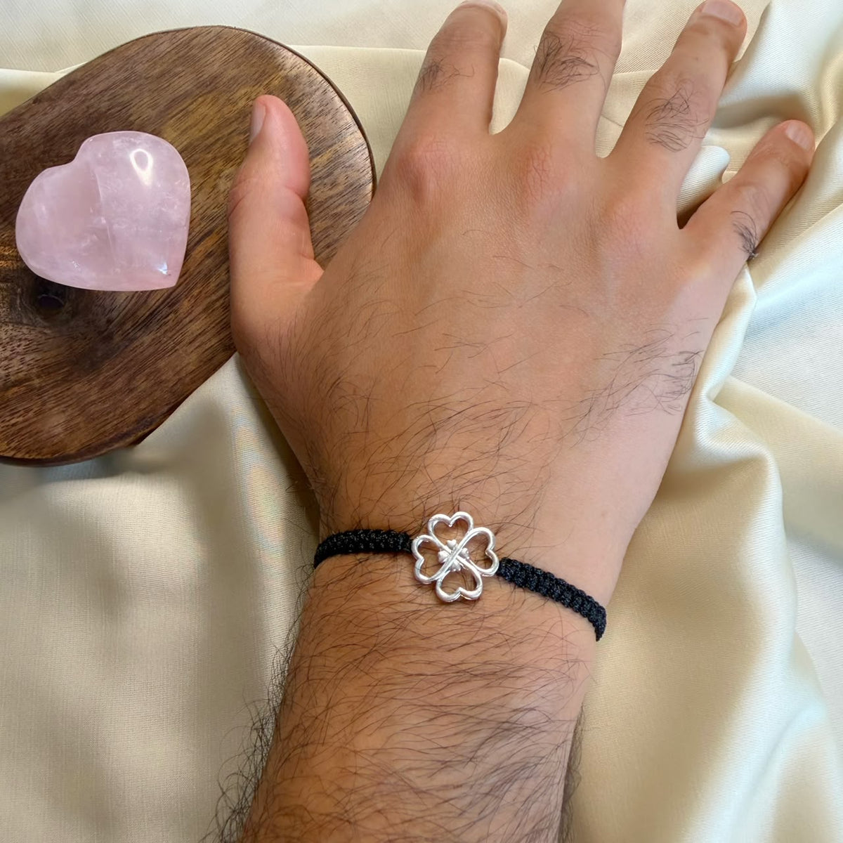Lucky Clover with Hearts unisex silver bracelet worn, Amaltaas