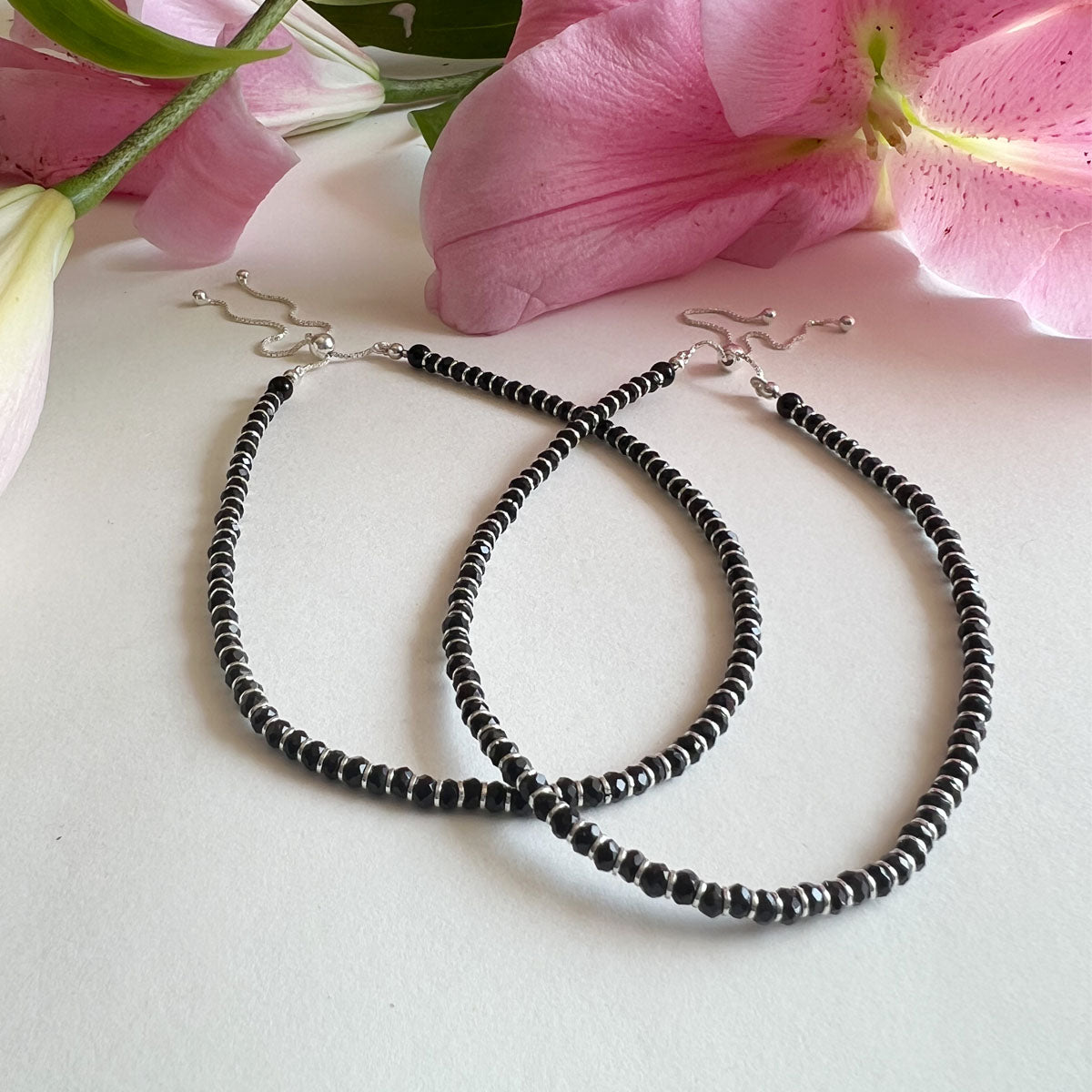 ANKLETS - (PAIR) Black-Onyx Anklet with Pull Closure 92.5 Silver