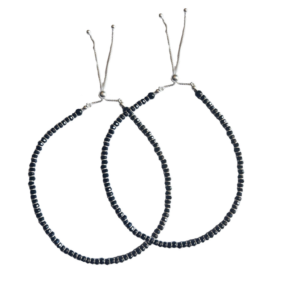 ANKLETS - 92.5 Silver Black-Onyx Bead Anklet with Pull Closure (PAIR)
