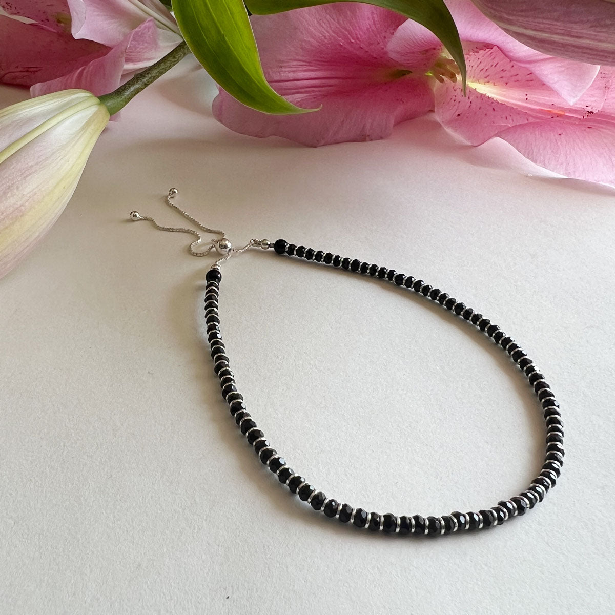 ANKLET - Black Onyx Anklet with Pull Closure 92.5 Silver (SINGLE)