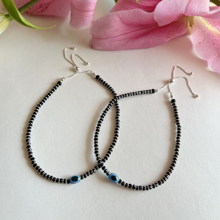 ANKLETS - 92.5 Silver EvilEye Black-Onyx Bead Anklet (PAIR)