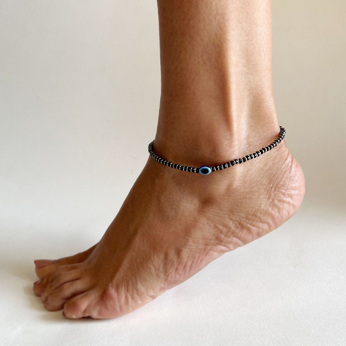 ANKLETS - 92.5 Silver EvilEye Black-Onyx Bead Anklet (PAIR)