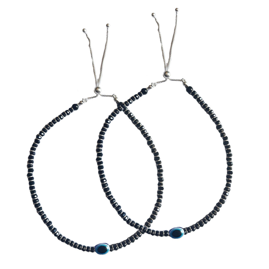 ANKLETS - 92.5 Silver EvilEye Black-Onyx Bead Anklet (PAIR)