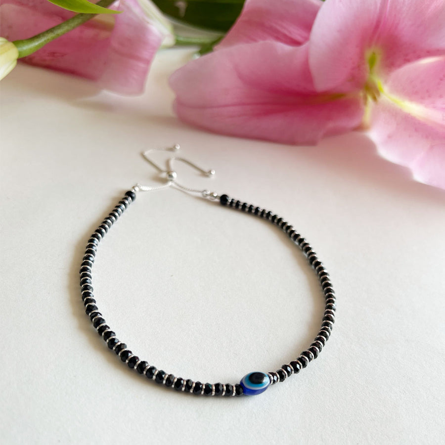 ANKLET- 92.5 Silver EvilEye Black-Onyx Bead Anklet with Pull Closure (SINGLE)