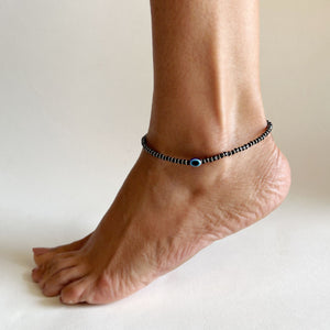 92.5 Silver EvilEye Black-Onyx Bead Anklet with Pull Closure (SINGLE)
