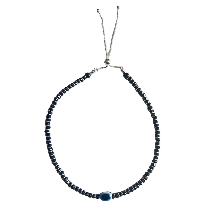 ANKLET- 92.5 Silver EvilEye Black-Onyx Bead Anklet with Pull Closure (SINGLE)