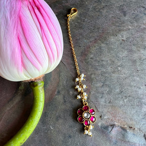 Red Gulab Polki Pearl Maangtika